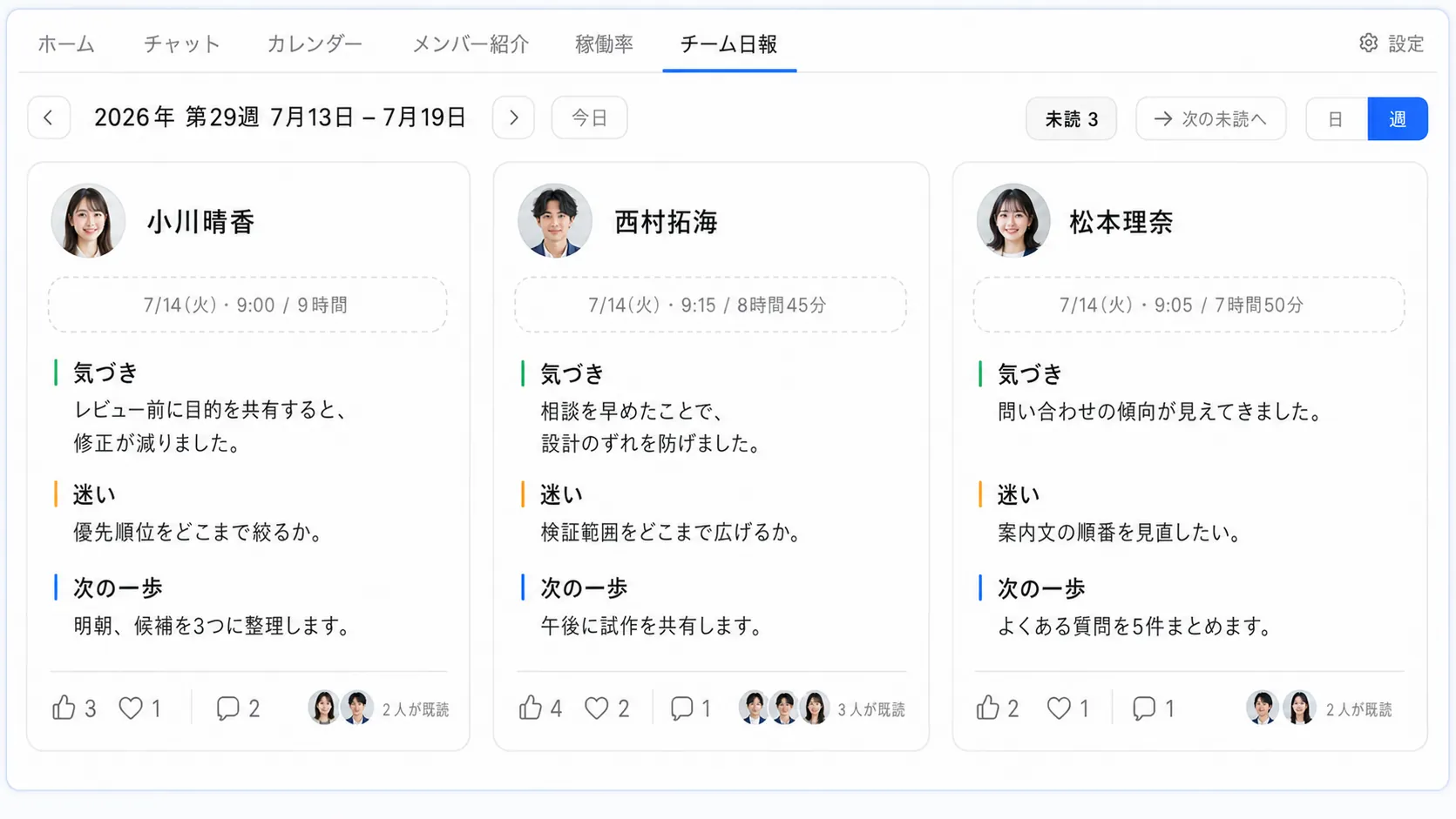 架空のメンバーの気づきや迷いを共有するチーム日報画面
